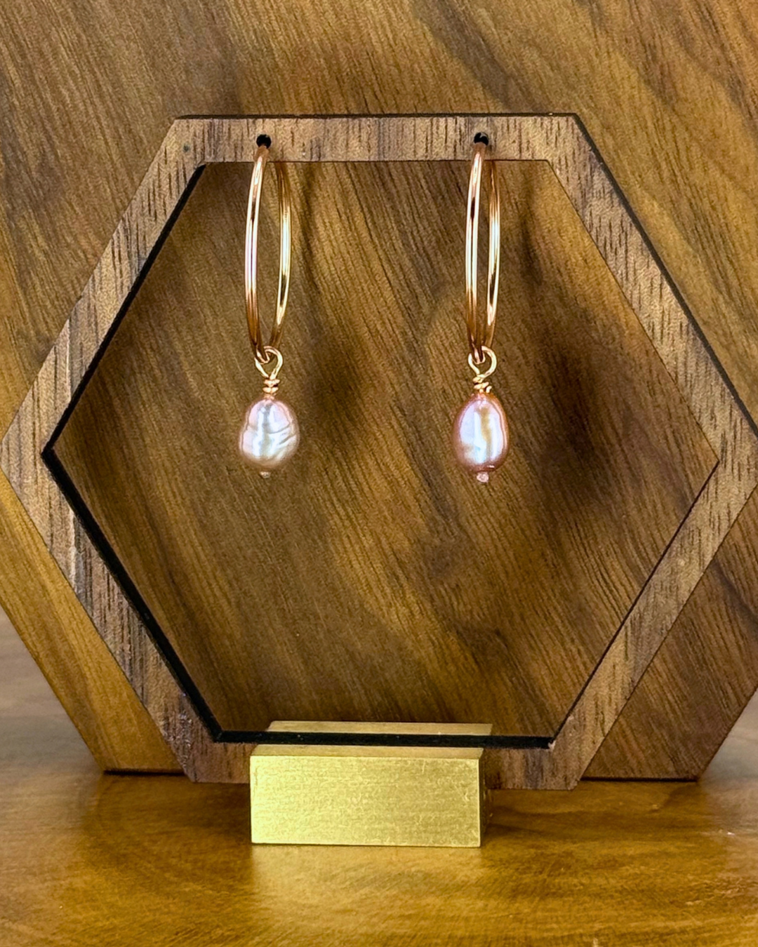 Rose Gold Hoops with Mauve Pearls