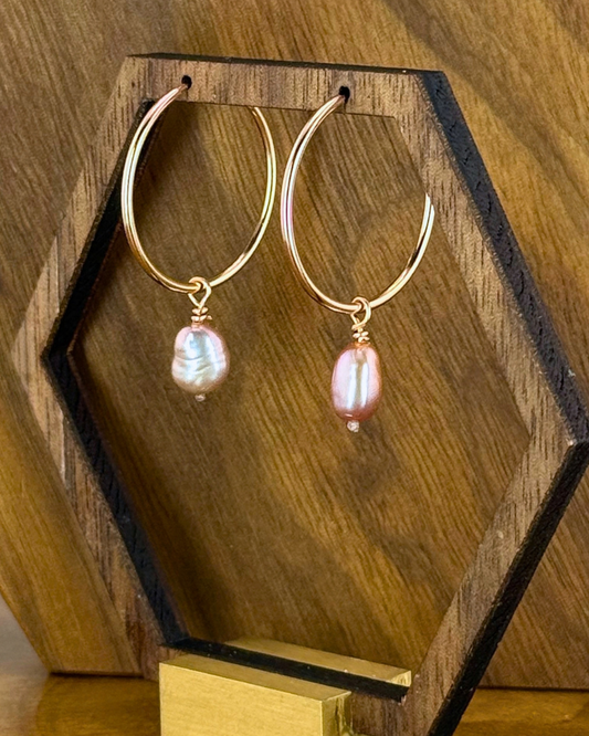 Rose Gold Hoops with Mauve Pearls