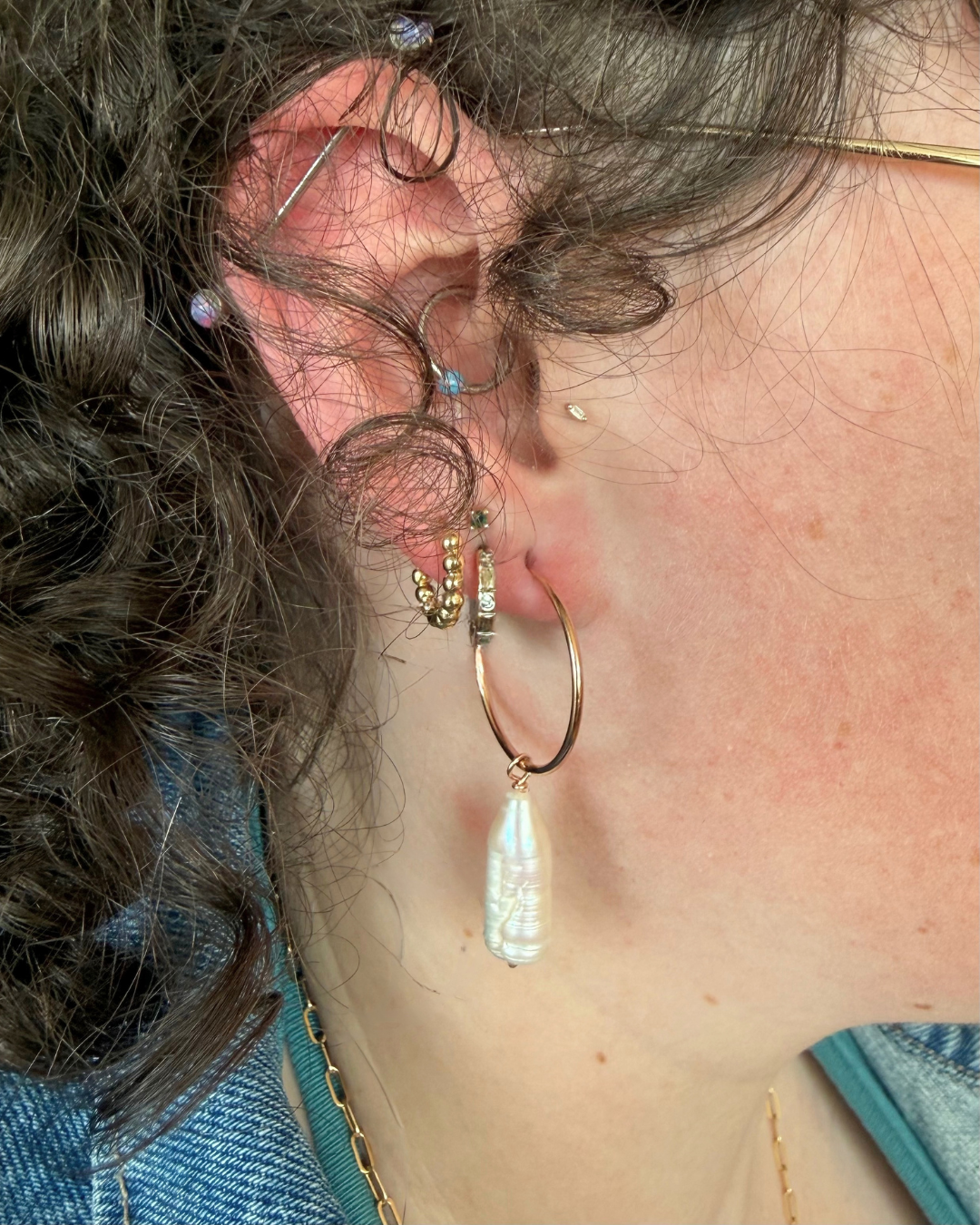 Rose Gold Hoops with Biwa Pearls
